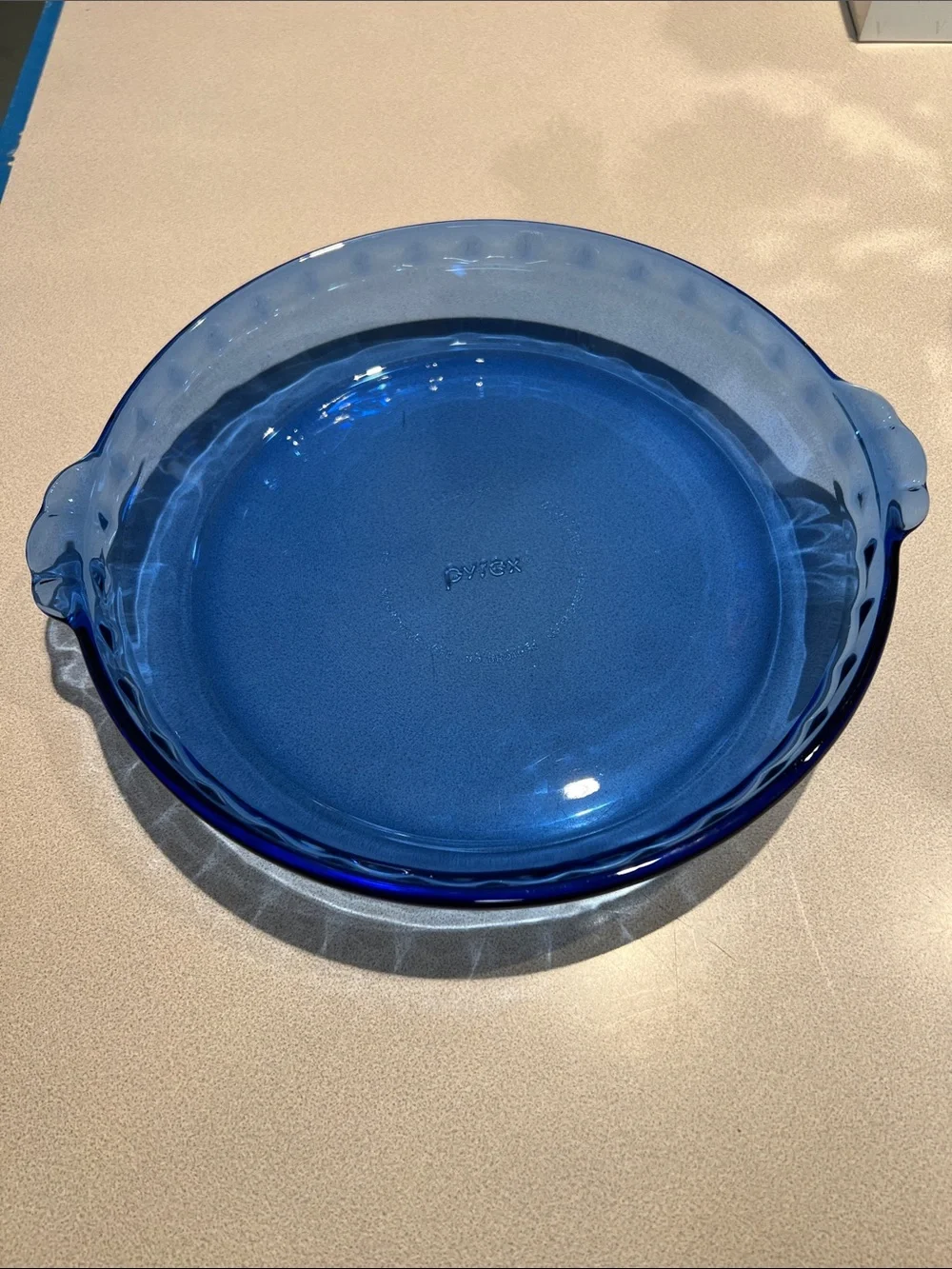 Pyrex Cobalt Blue 9.5 inch Round Glass Baking Pie Dish with Handles